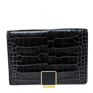Smythson Dark Grey Croc Embossed Leather Card Holder