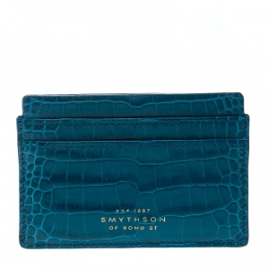 Smythson Blue Croc Embossed Leather Mara Card Holder 