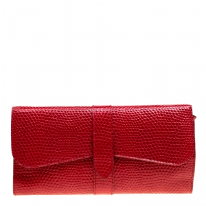 Smythson Red Lizard Embossed Leather Coin Organizer Clutch