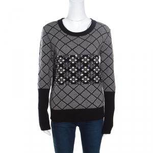 Sonia Rykiel Monochrome Diamond Pattern Wool Embellished Crew Neck Sweater L