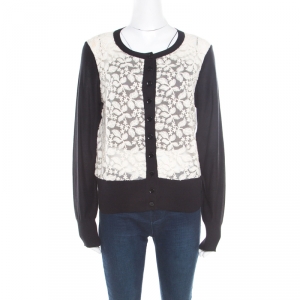 Sonia Rykiel Black Wool Blend Floral Lace Panel Cropped Cardigan L