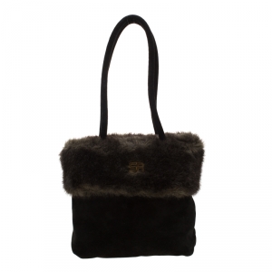 Sonia Rykiel Black/Olive Green Fur and Suede Tote