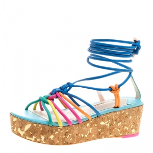 Sophia Webster Multicolor Leather Cord Copacabana Cork Platform Ankle Wrap Sandals Size 36.5