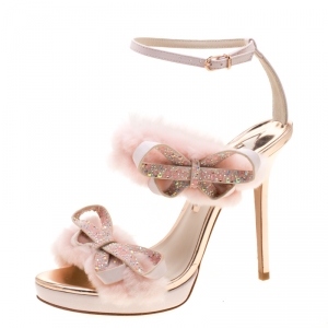 Sophia Webster Pink Faux Fur And Leather Bella Bow Embellished Ankle Strap Sandals Size 39