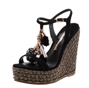 Sophia Webster Black Suede Pom Pom Lucita Espadrille Wedge Size 37.5