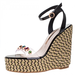 Sophia Webster Black Patent Leather And PVC Crystal Studded Wedge Espadrille Platform Ankle Strap Sandals Size 37