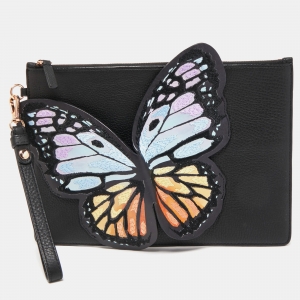 Sophia Webster Black Leather Butterfly Wristlet Pouch