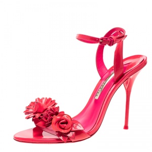 Sophia Webster Fluorescent Pink Patent Leather Lilico Floral Embellished Ankle Wrap Sandals Size 39