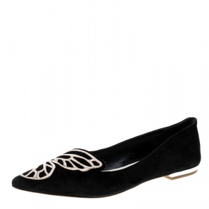 Sophia Webster Black Embroidered Suede Bibi Butterfly Pointed Toe Ballet Flats Size 37.5