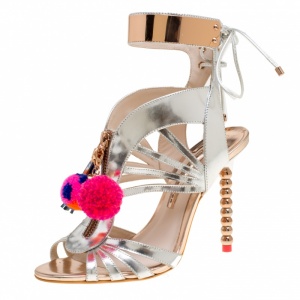 Sophia Webster Metallic Silver Mirrored Leather Yasmina Pom Pom Embellished Sandals Size 38