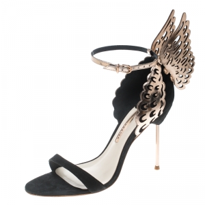 Sophia Webster Black Suede and Laser Cut Rose Gold Leather Evangeline Open Toe Sandals Size 41
