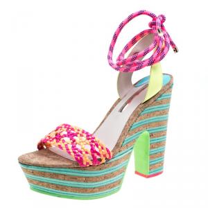 Sophia Webster Multicolor Braided Leather Jade Cork Platform Ankle Wrap Sandals Size 41