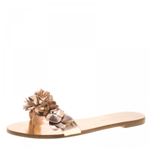 Sophia Webster Metallic Rose Gold Leather Lilico Floral Embellished Flat Slides Size 38