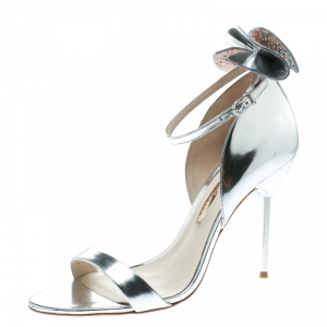 Sophia Webster Metallic Silver Leather Maya Crystal Embellished Bow Ankle Strap Sandals Size 39
