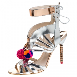 Sophia Webster Metallic Silver Mirrored Leather Yasmina Pom Pom Embellished Sandals Size 42