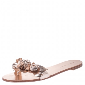Sophia Webster Metallic Rose Gold Leather Lilico Floral Embellished Flat Slides Size 39