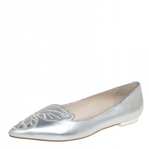 Pre Owned Sophia Webster Silver Leather Bibi Butterfly Ballet Flats Size 39.5