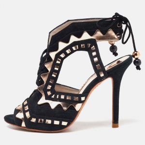 Sophia Webster Black/Metallic Suede and Leather Riko Peep Toe Ankle Tie Sandals Size 36