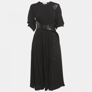 Pre Owned Sportmax Black Leather Trim Crepe Pleated Midi Dress S