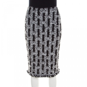 St. John Couture Monochrome Textured Lurex Knit Crystal Embellished Pencil Skirt S