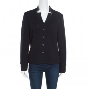 St. John Evening Navy Blue Wool Embellished Heart Buttoned Cardigan L