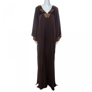 St. John Brown Stretch Silk Beaded Trim Kaftan Dress L