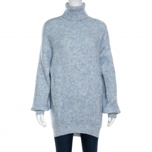 Pre Owned Stella McCartney Mottled Blue Wool and Mohair Blend Rib Knit Turtleneck Sweater L