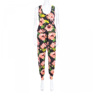 Stella McCartney Black Floral Intarsia Knit Waist Tie Detail Jumpsuit M