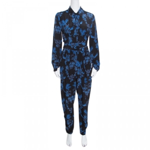 Stella McCartney Black and Blue Floral Printed Silk Belted Natalia Jumpsuit M