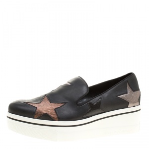 Stella McCartney Black Faux Leather and Metallic Textured Fabric Binx Star Platform Slip On Sneakers Size 40