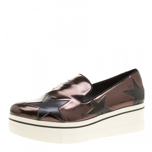 Stella McCartney Metallic Grey  Faux Leather Binx Star Platform Slip On Sneakers Size 41