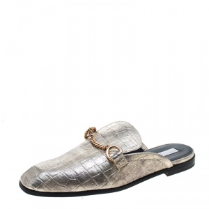 Stella McCartney Metallic Gold Faux Croc Embossed Leather Chain Trim Flat Slides Size 37