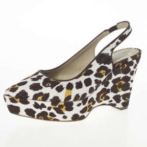 Stella McCartney Leopard Print Canvas Slingback Nathalie Wedges Size 38