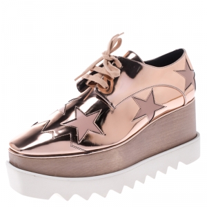 Stella McCartney Metallic Rose Gold Faux Leather Elyse Star Platform Lace Up Derby Size 38