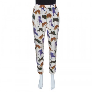 Pre Owned Stella McCartney Cream Wild Cat Printed Silk Elasticized Waist Christine Pants S