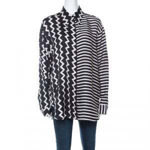 Pre Owned Stella McCartney Black & White Chevron & Stripes Printed Silk Moire Shirt M 