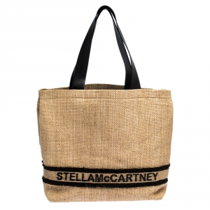 Stella McCartney Beige/Black Woven Raffia and Leather Logo Tote 