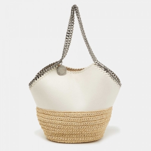 Pre Owned  Stella McCartney White Faux Suede and Raffia Medium Falabella Tote