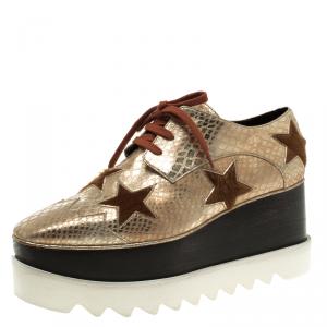 Stella McCartney Metallic Gold Python Effect Faux Leather and Faux Fur Elyse Star Platform Derby Size 38