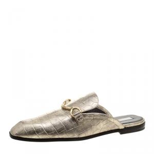 Stella McCartney Metallic Faux Croc Effect Leather Slip On Loafers Size 37