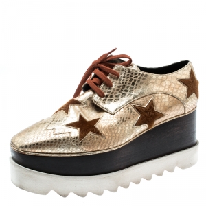 Stella McCartney Metallic Gold Python Effect Faux Leather And Faux Fur Elyse Star Platform Derby Size 38