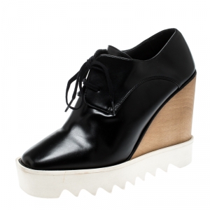 Stella McCartney Black Faux Leather Leana Wooden Wedge Lace-Up Oxfords Size 39