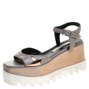 Stella McCartney Grey Faux Leather Creeper Platform Ankle Strap Sandals Size 35
