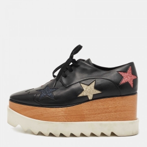 Pre Owned Stella McCartney Black Faux Leather Elyse Star Sneakers Size 36.5