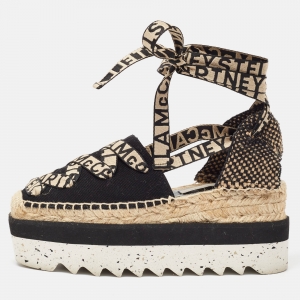 Stella McCartney Black/Beige Canvas Wedge Sandals Size 37 