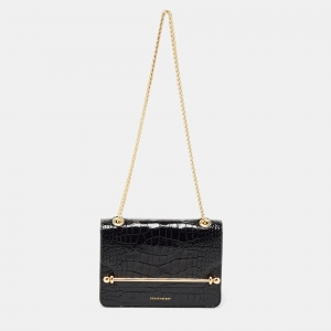 Strathberry Black Croc Embossed Leather Mini East/West Shoulder Bag