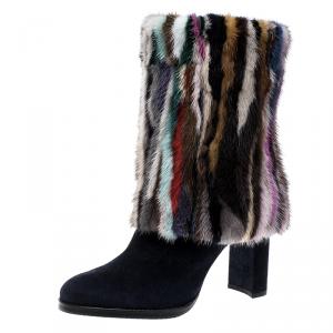 Stuart Weitzman Multicolor/Navy Blue Mink Fur/Faux Fur and Suede Boots Size 39.5