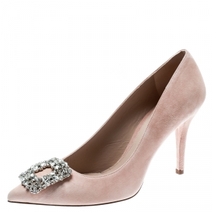 Stuart Weitzman Blush Pink Suede Crystal Embellished Pointed Toe Pumps Size 39