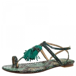 Stuart Weitzman Two Tone Python Embossed Leather Tassel Detail Strappy Flat Sandals Size 38