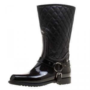 Stuart Weitzman Black Leather and Rubber Stirrup Rain Boots Size 39